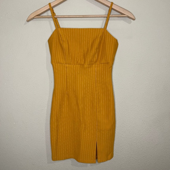 Forever 21 mustard yellow pin stripe spaghetti strap mini dress with small slit - Picture 1 of 7